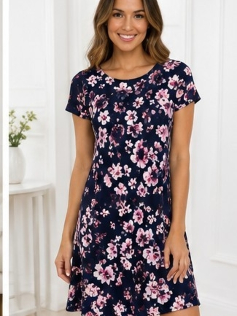 Women's Navy Floral Short Sleeve Nightgown